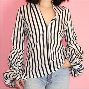 New GREYSN Women’s Blouse Striped Puff Long Sleeves Small Black White Balloon
